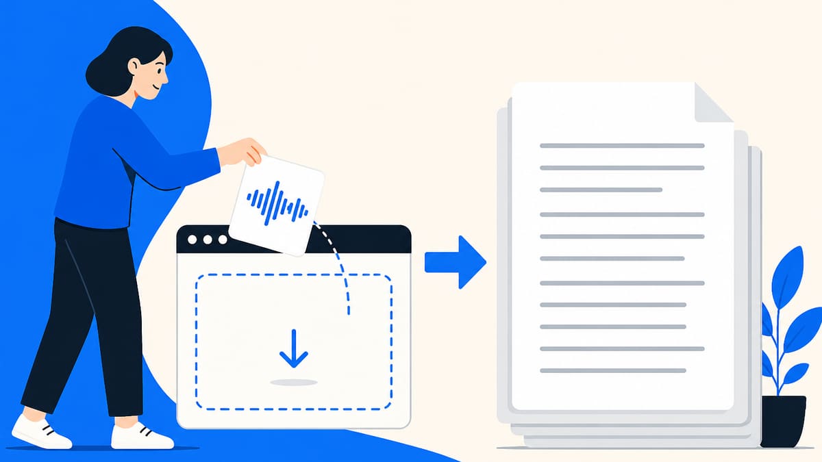 A compact audio file dropping onto a browser card and becoming a page of written lines